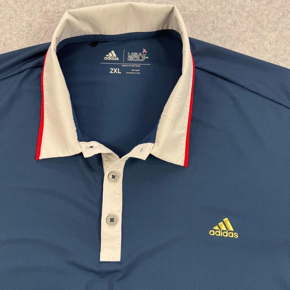 Adidas USA Golf Polo Shirt Mens 2XL Blue Solid Patriotic Performance Stretch Top